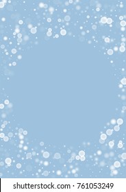 Falling christmas white snow on blue. Vector New Year snowflake abstract background. Gitter confetti. Snowflakes decoration effect. Winter holiday print. Snowfall texture for poster, banner, card.