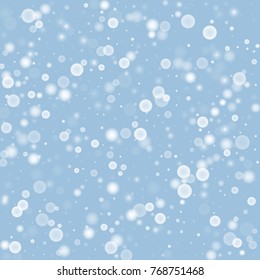 Falling christmas white snow on blue. Vector New Year snowflake abstract background. Gitter confetti. Snowflakes decoration effect. Winter holiday print. Snowfall texture for poster, banner, card.