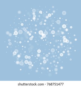 Falling christmas white snow on blue. Vector New Year snowflake abstract background. Gitter confetti. Snowflakes decoration effect. Winter holiday print. Snowfall texture for poster, banner, card.