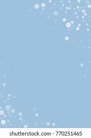 Falling christmas white snow on blue. Vector New Year snowflake abstract background. Gitter confetti. Snowflakes decoration effect. Winter holiday print. Snowfall texture for poster, banner, card.