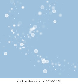 Falling christmas white snow on blue. Vector New Year snowflake abstract background. Gitter confetti. Snowflakes decoration effect. Winter holiday print. Snowfall texture for poster, banner, card.