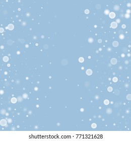 Falling christmas white snow on blue. Vector New Year snowflake abstract background. Gitter confetti. Snowflakes decoration effect. Winter holiday print. Snowfall texture for poster, banner, card.