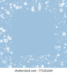 Falling christmas white snow on blue. Vector New Year snowflake abstract background. Gitter confetti. Snowflakes decoration effect. Winter holiday print. Snowfall texture for poster, banner, card.