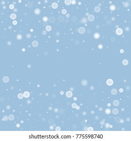 Falling christmas white snow on blue. Vector New Year snowflake abstract background. Gitter confetti. Snowflakes decoration effect. Winter holiday print. Snowfall texture for poster, banner, card.