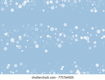 Falling christmas white snow on blue. Vector New Year snowflake abstract background. Gitter confetti. Snowflakes decoration effect. Winter holiday print. Snowfall texture for poster, banner, card.