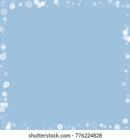 Falling christmas white snow on blue. Vector New Year snowflake abstract background. Gitter confetti. Snowflakes decoration effect. Winter holiday print. Snowfall texture for poster, banner, card.