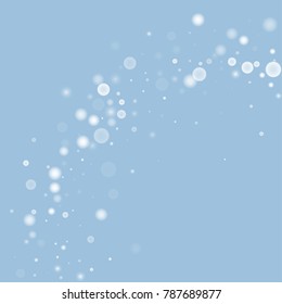 Falling christmas white snow on blue. Vector New Year snowflake abstract background. Gitter confetti. Snowflakes decoration effect. Winter holiday print. Snowfall texture for poster, banner, card.