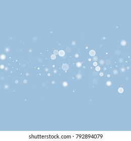 Falling christmas white snow on blue. Vector New Year snowflake abstract background. Gitter confetti. Snowflakes decoration effect. Winter holiday print. Snowfall texture for poster, banner, card.