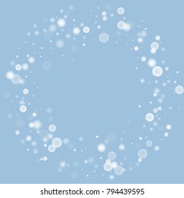 Falling christmas white snow on blue. Vector New Year snowflake abstract background. Gitter confetti. Snowflakes decoration effect. Winter holiday print. Snowfall texture for poster, banner, card.