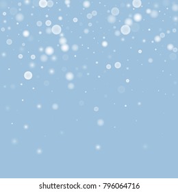 Falling christmas white snow on blue. Vector New Year snowflake abstract background. Gitter confetti. Snowflakes decoration effect. Winter holiday print. Snowfall texture for poster, banner, card.