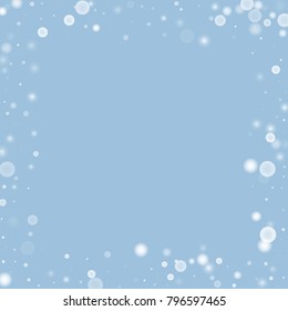 Falling christmas white snow on blue. Vector New Year snowflake abstract background. Gitter confetti. Snowflakes decoration effect. Winter holiday print. Snowfall texture for poster, banner, card.