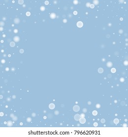 Falling christmas white snow on blue. Vector New Year snowflake abstract background. Gitter confetti. Snowflakes decoration effect. Winter holiday print. Snowfall texture for poster, banner, card.