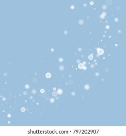 Falling christmas white snow on blue. Vector New Year snowflake abstract background. Gitter confetti. Snowflakes decoration effect. Winter holiday print. Snowfall texture for poster, banner, card.