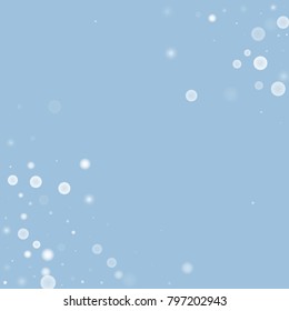 Falling christmas white snow on blue. Vector New Year snowflake abstract background. Gitter confetti. Snowflakes decoration effect. Winter holiday print. Snowfall texture for poster, banner, card.