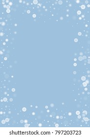 Falling christmas white snow on blue. Vector New Year snowflake abstract background. Gitter confetti. Snowflakes decoration effect. Winter holiday print. Snowfall texture for poster, banner, card.