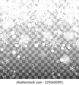 Falling Christmas white snowflake and lights on transparent background. Illustration vector.