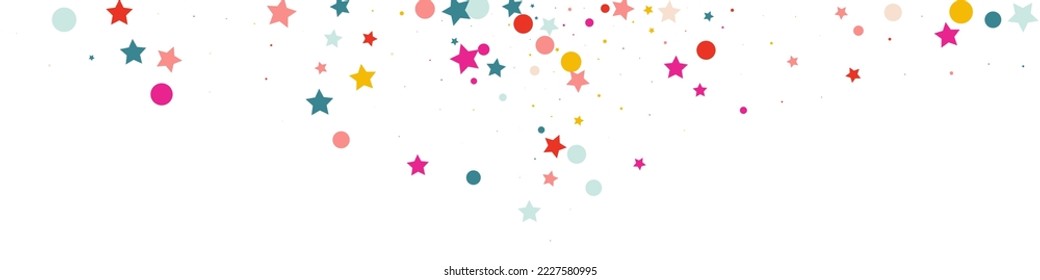 Falling Circle and Star Effect Vector White Panoramic Background. Celebrate Stars Invitation. Festive Shine Postcard. Rainbow Confetti Celebration Backdrop.