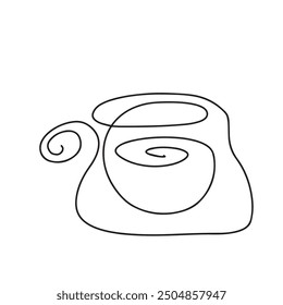 Taza clara de la caída con la bebida y las gotas. Icono lineal negro de vidrio. Boceto gráfico emblema de jugo, agua, productos lácteos. Doodle Ilustración vectorial aislada, fondo blanco
