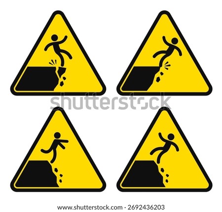Falling from cliff danger sign set. Yellow triangle shape. Unstable cliff edge, crumbling slope, tripping hazard. Black and white silhouette vector illustration.