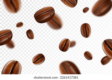 Falling coffee beans isolated on transparent background. Flying defocusing coffee grains. Applicable for cafe advertising, package, menu design. Realistic 3d Vector illustration.