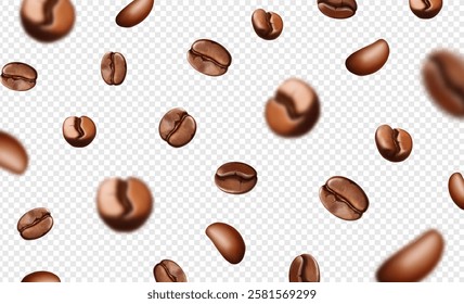 Falling coffee beans isolated on transparent background. Blurred coffee grains flying. Roasted arabica beans Realistic 3d Vector illustration.