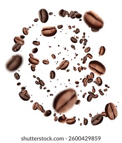 Falling coffee beans isolated on transparent background. Flying defocusing coffee grains. Applicable for cafe advertising, package.energy, freshness.Mesh gradient wes used