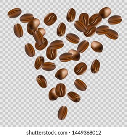 Falling coffee beans on transparent background. 
