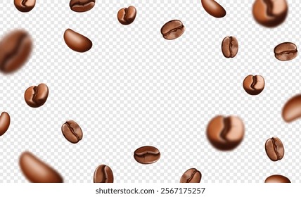 Falling coffee beans on transparent background. Flying coffee grains isolated with blur effect. Advertising, package design. Realistic 3d Vector illustration.