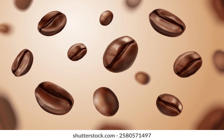 Falling coffee beans. Realistic roasted bean, flying grinding grain caffeine seed arabic espresso ingredient cafe food shop ad abstract background, exact macro vector illustration original artwork