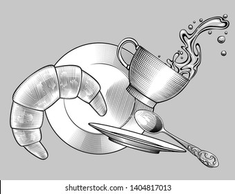 Falling coffee cup with spilling water, saucer, plate, spoon and bagel. Vintage stylized drawing. Vector illustration