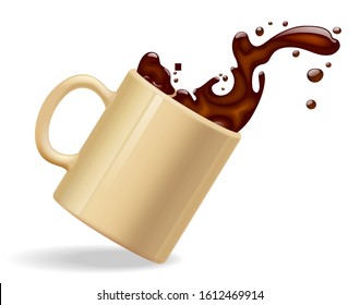 Falling coffee mug with a splashing liquid isolated on white. Vector illustration