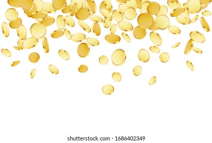 Falling coins background. Casino jackpot or win concept. Cash fall, coins rain on white isolated background. Golden money falling. Vector illustration