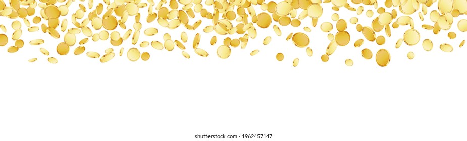 Falling coins background. Casino jackpot or win concept. Cash fall, coins rain on white isolated background. Golden money falling. Vector illustration