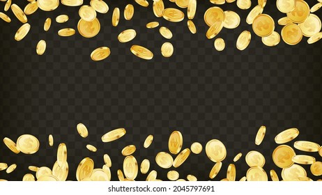 Fondo de la caída de las monedas. El concepto de ganancia o bote de casino. Caída de efectivo, las monedas llueven sobre fondo transparente aislado. Dinero dorado cayendo. Ilustración del vector