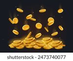 Falling coins concept. Metaphor of wealth and passive income. Pile and stacks with gold coins. Money and cash. Euros and dollars. Cartoon 3D vector illustration isolated on black background