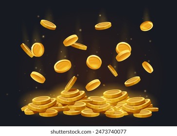 Falling coins concept. Metaphor of wealth and passive income. Pile and stacks with gold coins. Money and cash. Euros and dollars. Cartoon 3D vector illustration isolated on black background