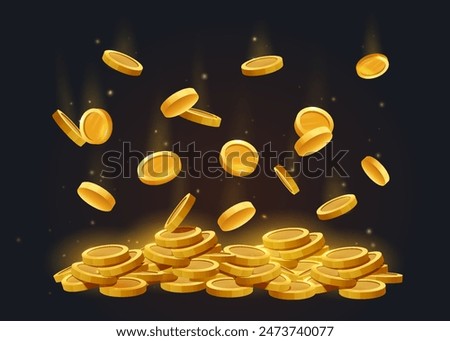 Falling coins concept. Metaphor of wealth and passive income. Pile and stacks with gold coins. Money and cash. Euros and dollars. Cartoon 3D vector illustration isolated on black background