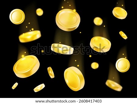 Falling coins concept with motion effect. Wealth and passive income poster. Gold coins rain on black background. Money fall Cash flow symbol. Cartoon 3D vector