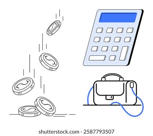 Falling coins, a digital calculator, and a briefcase. Ideal for finance, accounting, investment, business, budgeting, financial planning, and savings Line metaphor