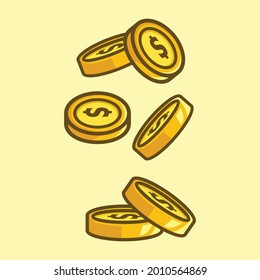 Falling coins dollar cartoon symbol illustration black line art design vector