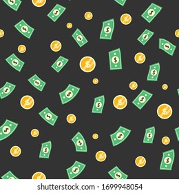 Falling coins and dollar seamless pattern, business and finance, return on investment, income growth, financial background, vector illustration