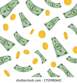 Falling coins of dollars and bill of dollars on white background. Business concept. Vector illustration.
