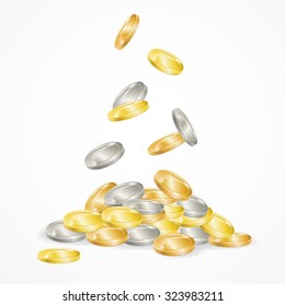 Falling Coins Isolated on White Background. Vector illustration