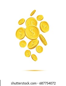 Falling coins isolated on white. Vector illustration.