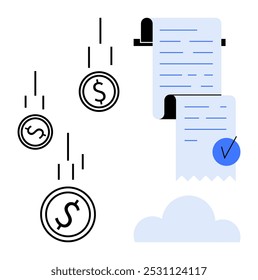 Moedas em queda e um longo recibo com marca de verificação. Ideal para temas de finanças, contabilidade, despesas, faturamento digital e gerenciamento de negócios. Estilo simples e moderno