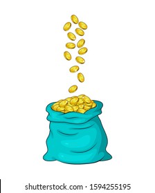 Falling coins in money bag. flying gold into heap,pile in full sack.Cash fall down. Vector illustration isolated on white background. Finance or succes concept. 