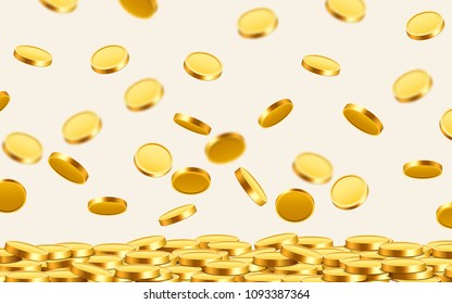 Falling coins, falling money, flying gold coins, golden rain. Jackpot or success concept. Modern background. Vector illustration