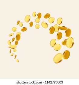 Falling coins, falling money, flying gold coins, golden rain. Jackpot or success concept. Modern background. Vector illustration