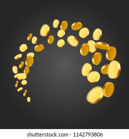 Falling coins, falling money, flying gold coins, golden rain. Jackpot or success concept. Modern background. Vector illustration