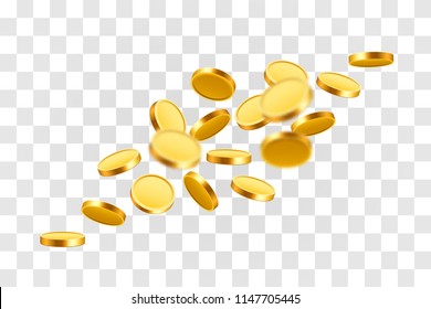 Falling coins, falling money, flying gold coins, golden rain. Jackpot or success concept. Modern background. Vector illustration
